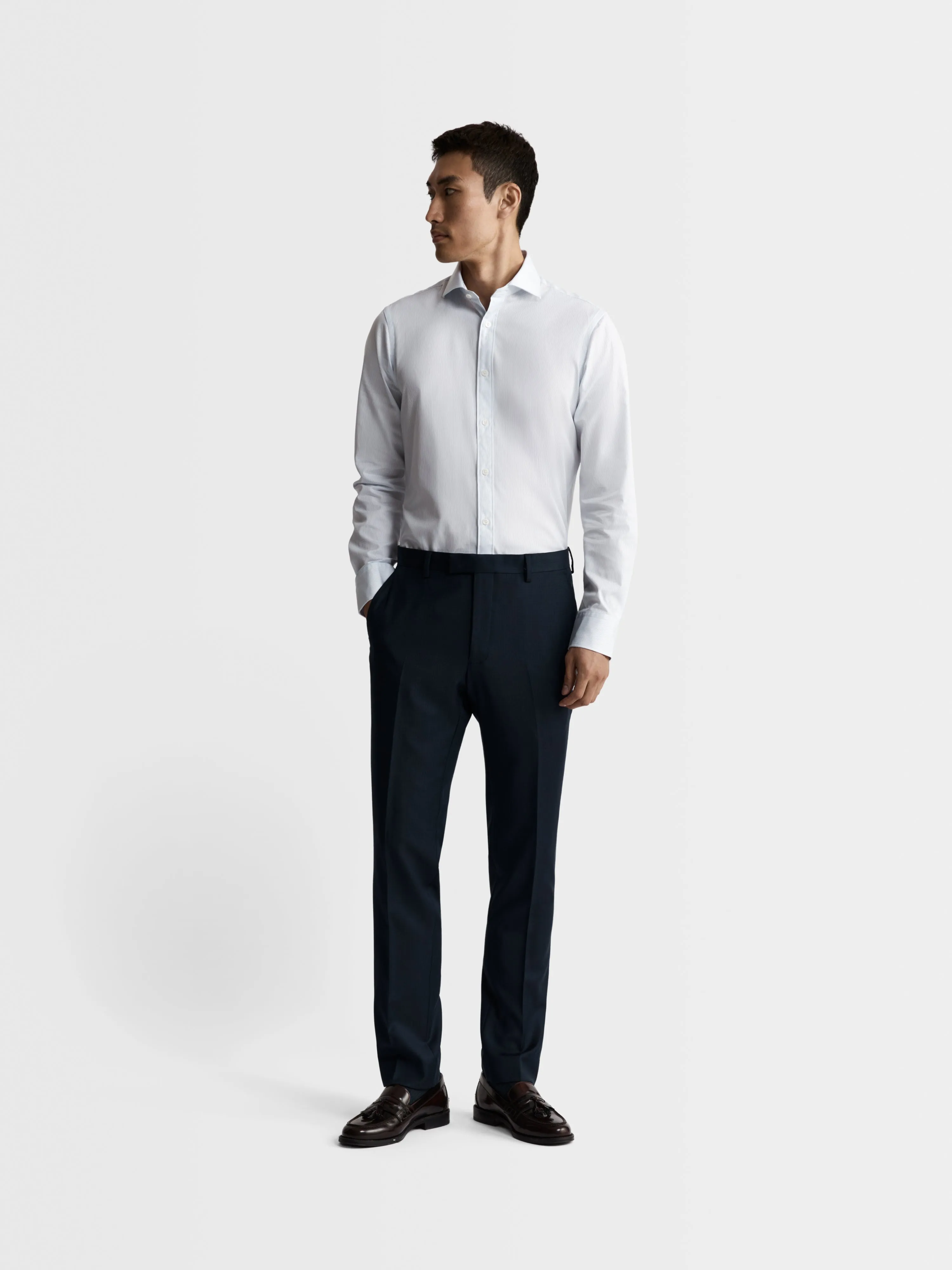 Blue Dash Pinstripe Plain Weave Fitted Single Cuff Cutaway Collar Shirt