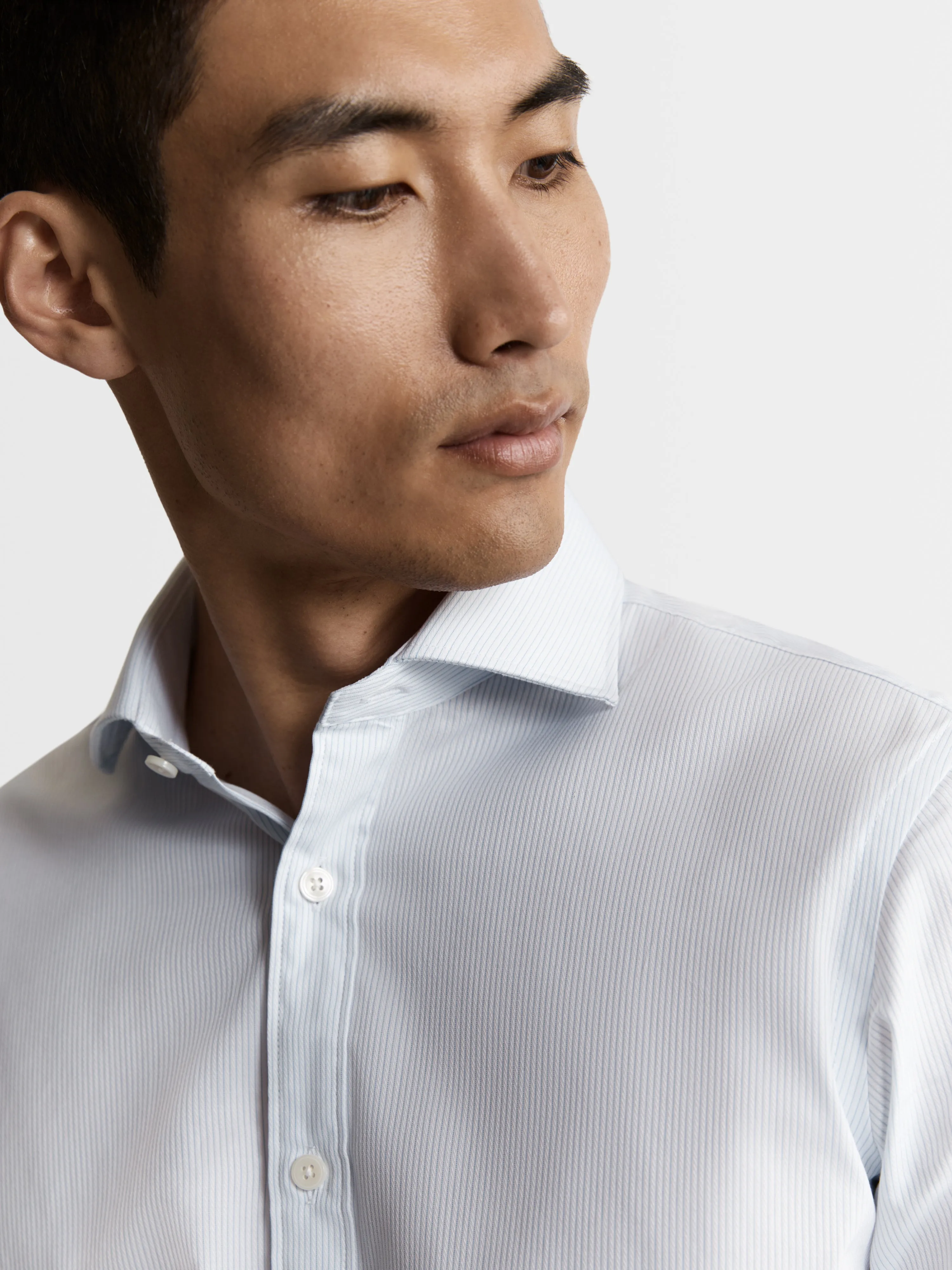 Blue Dash Pinstripe Plain Weave Fitted Single Cuff Cutaway Collar Shirt