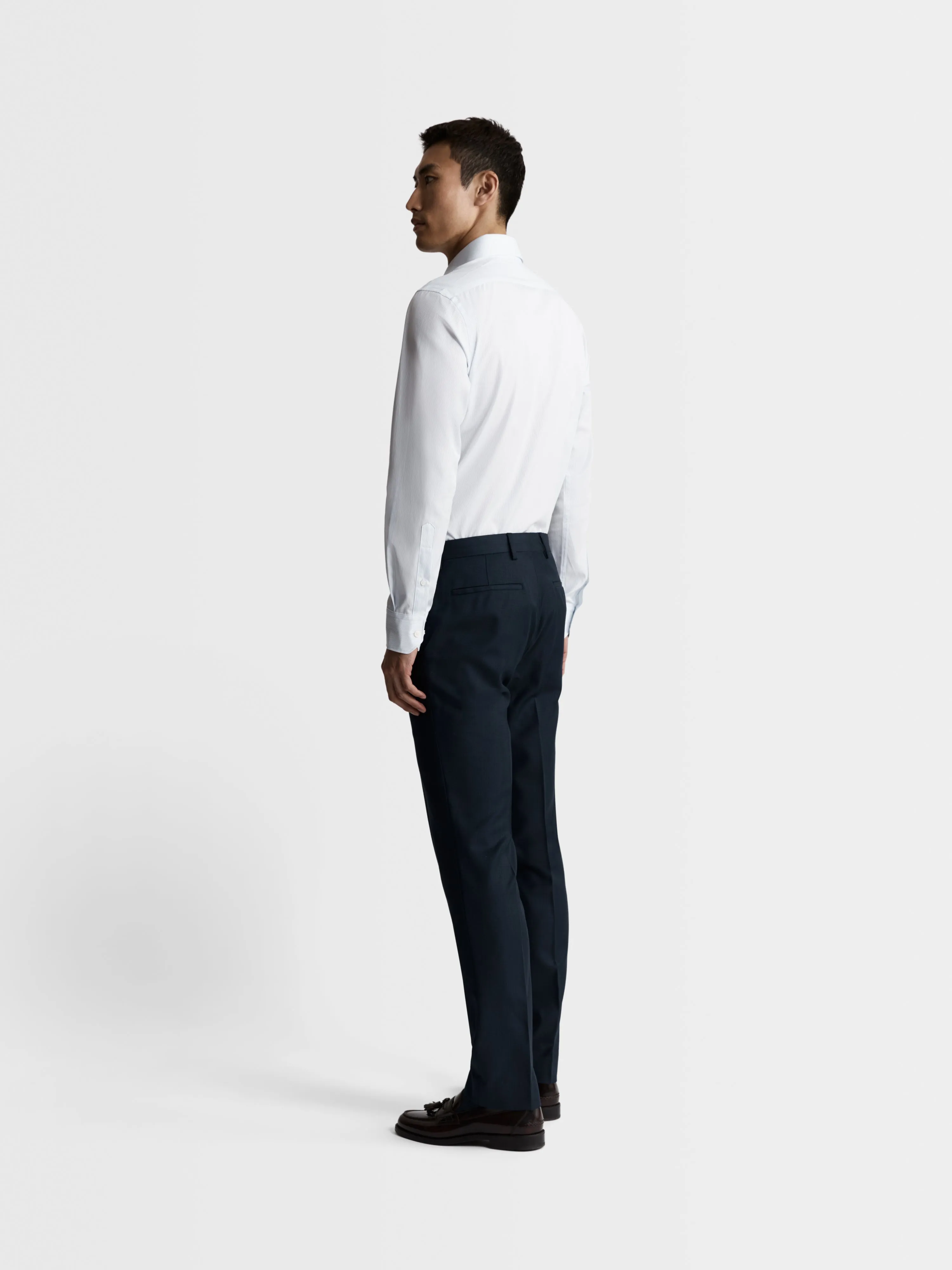 Blue Dash Pinstripe Plain Weave Slim Fit Single Cuff Cutaway Collar Shirt