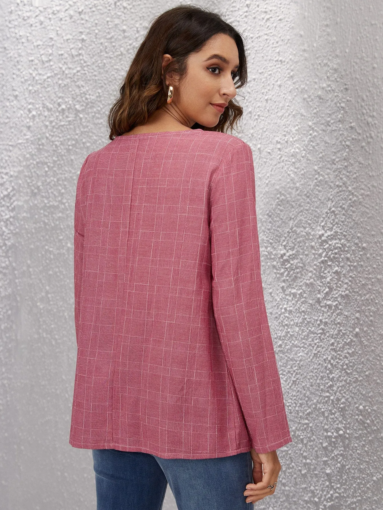 Casual Plaid Button Long Sleeve Scoop Neck Regular Blouse
