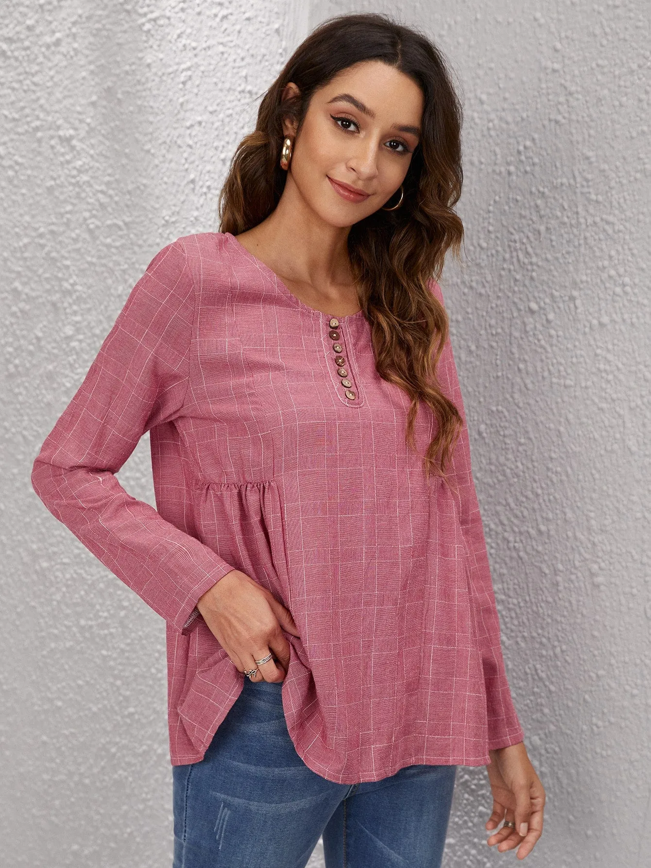 Casual Plaid Button Long Sleeve Scoop Neck Regular Blouse
