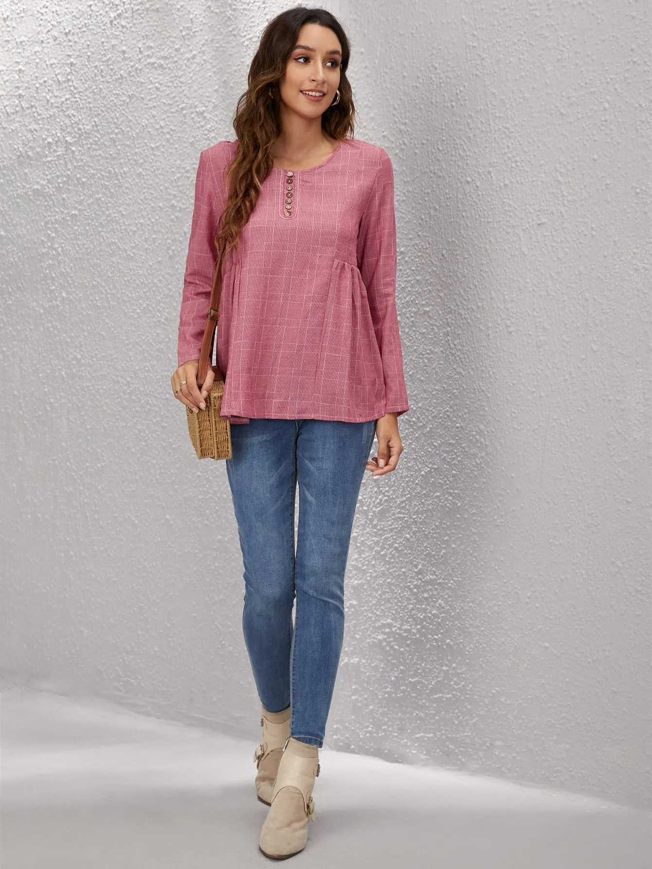 Casual Plaid Button Long Sleeve Scoop Neck Regular Blouse