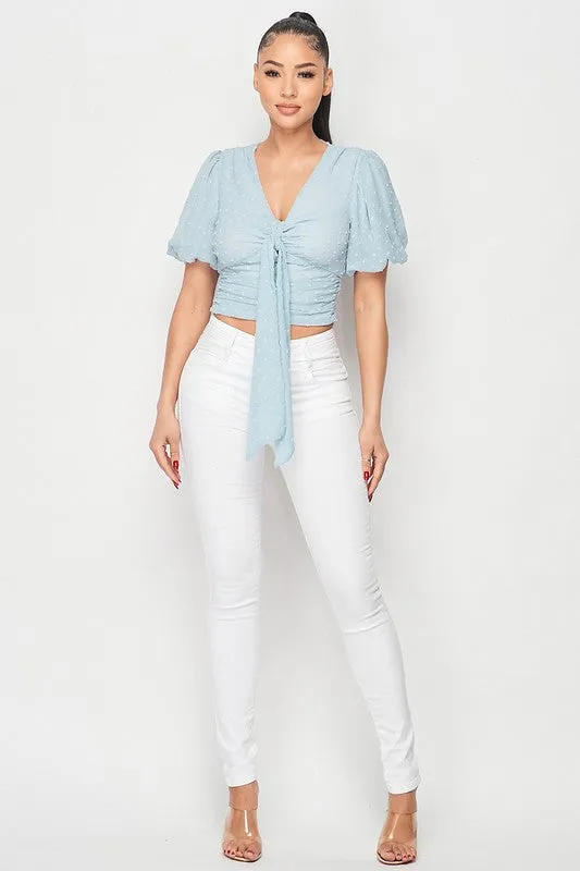 DOT CHIFFON PUFF SLEEVE FRONT TIE BLOUSE TOP