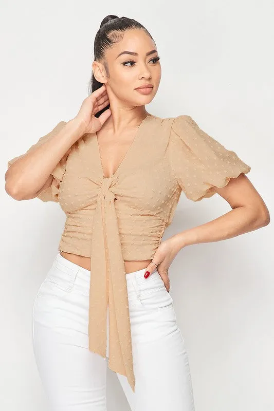 DOT CHIFFON PUFF SLEEVE FRONT TIE BLOUSE TOP