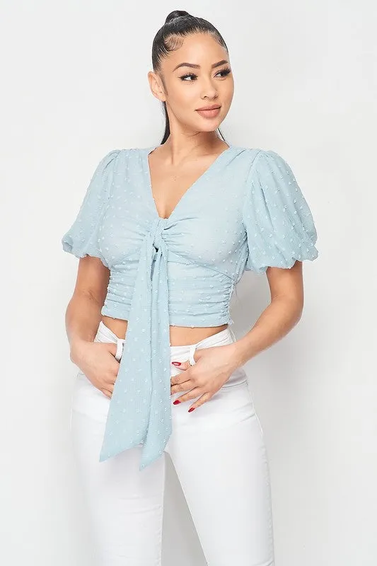DOT CHIFFON PUFF SLEEVE FRONT TIE BLOUSE TOP
