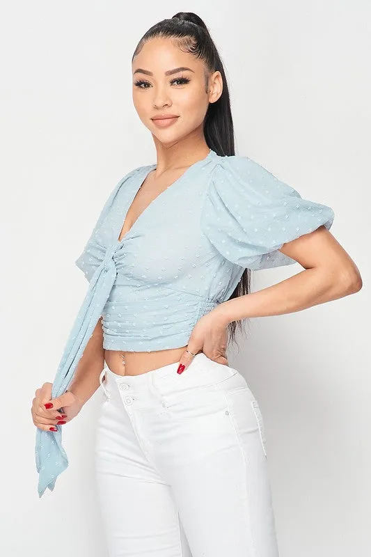 DOT CHIFFON PUFF SLEEVE FRONT TIE BLOUSE TOP
