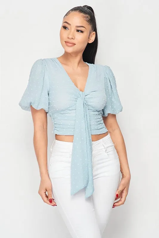 DOT CHIFFON PUFF SLEEVE FRONT TIE BLOUSE TOP