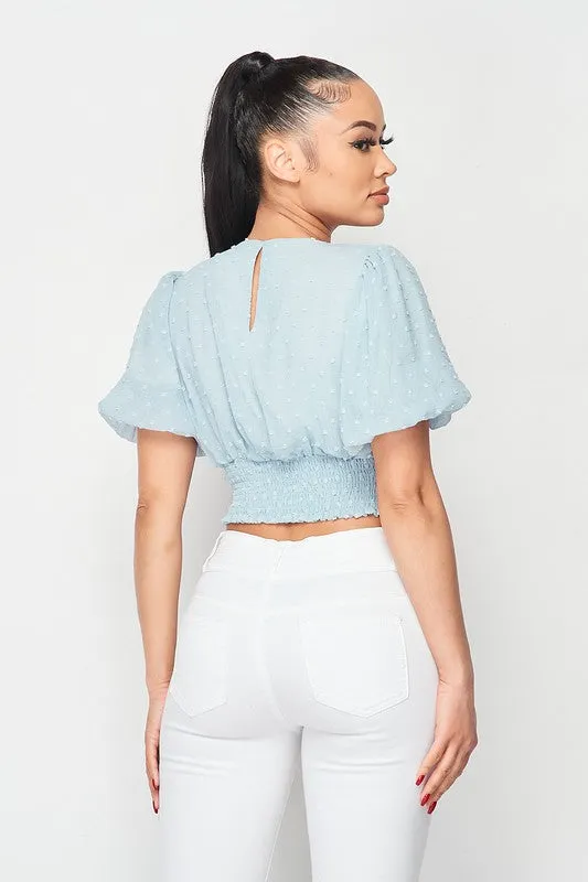 DOT CHIFFON PUFF SLEEVE FRONT TIE BLOUSE TOP