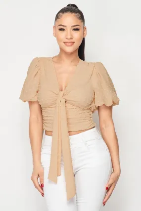 DOT CHIFFON PUFF SLEEVE FRONT TIE BLOUSE TOP