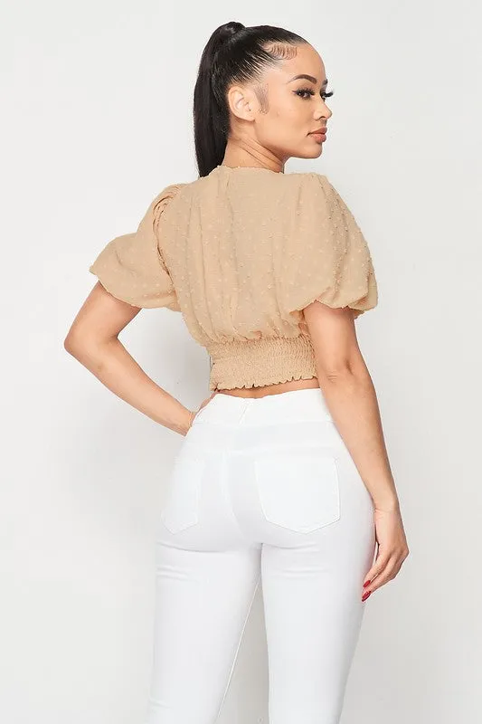 DOT CHIFFON PUFF SLEEVE FRONT TIE BLOUSE TOP