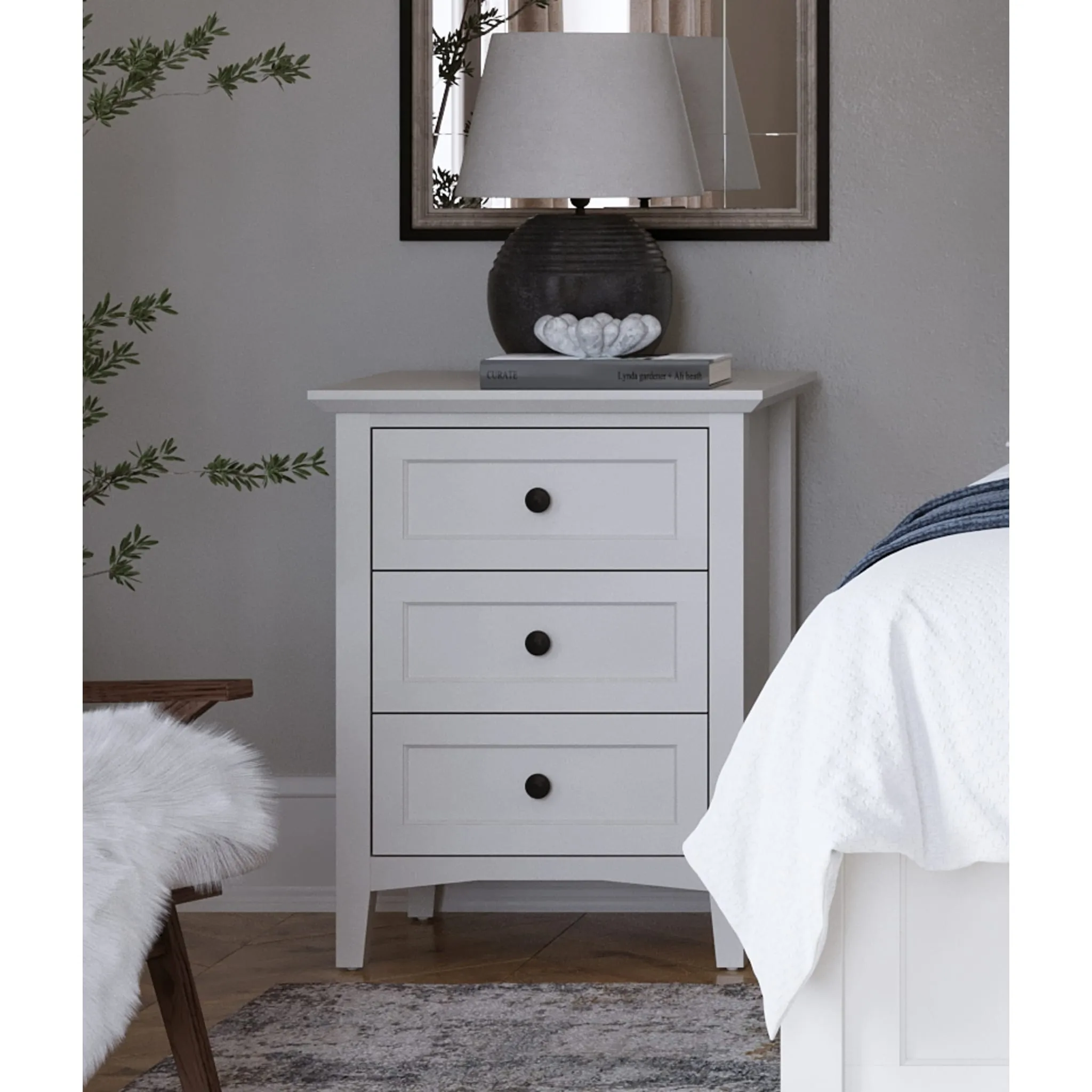 Grace Three Drawer Nightstand in Snowfall White