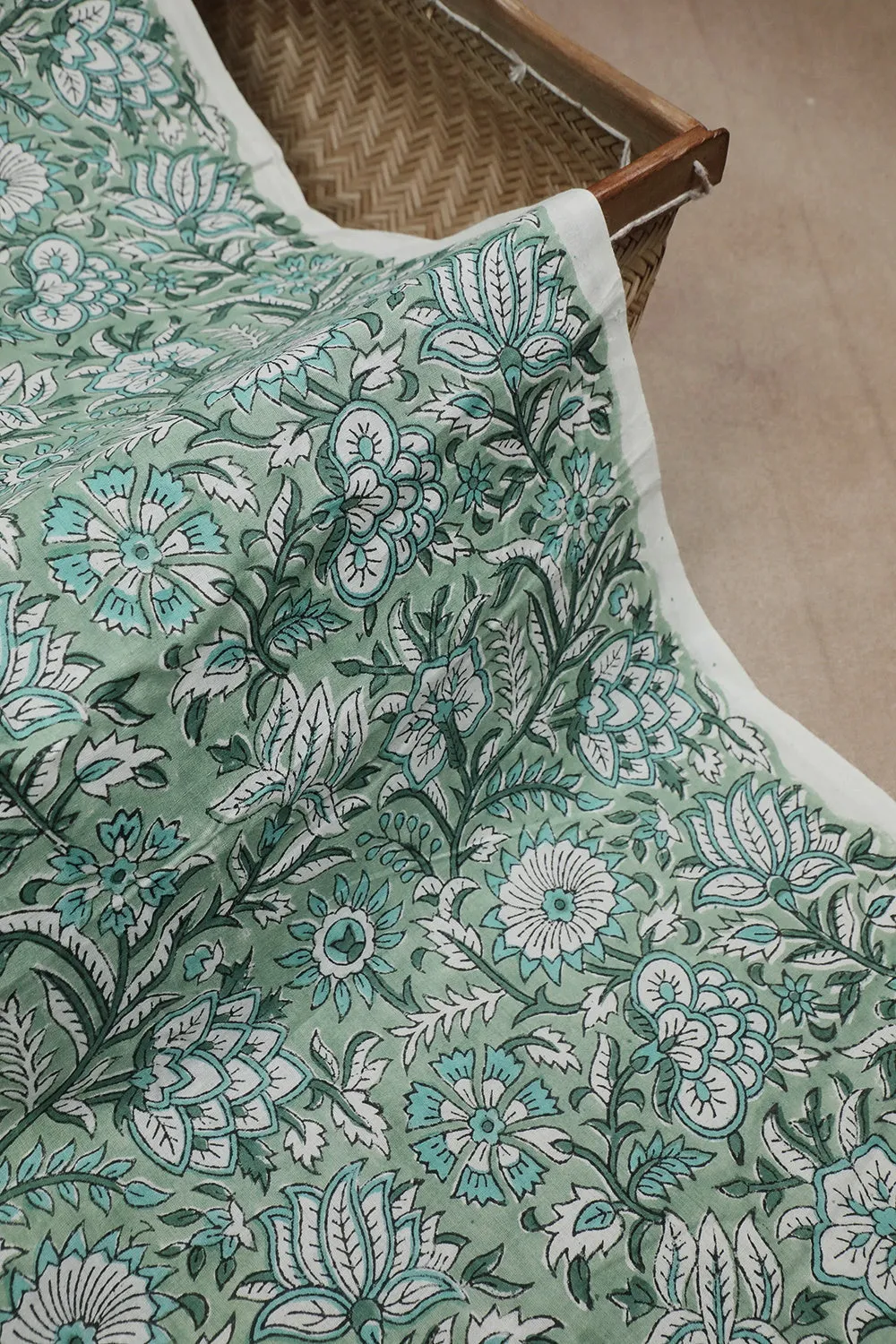 Green Floral Garden Sanganeri Cotton Fabric - 1.4m
