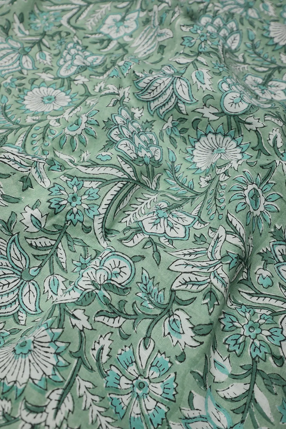 Green Floral Garden Sanganeri Cotton Fabric - 1.4m