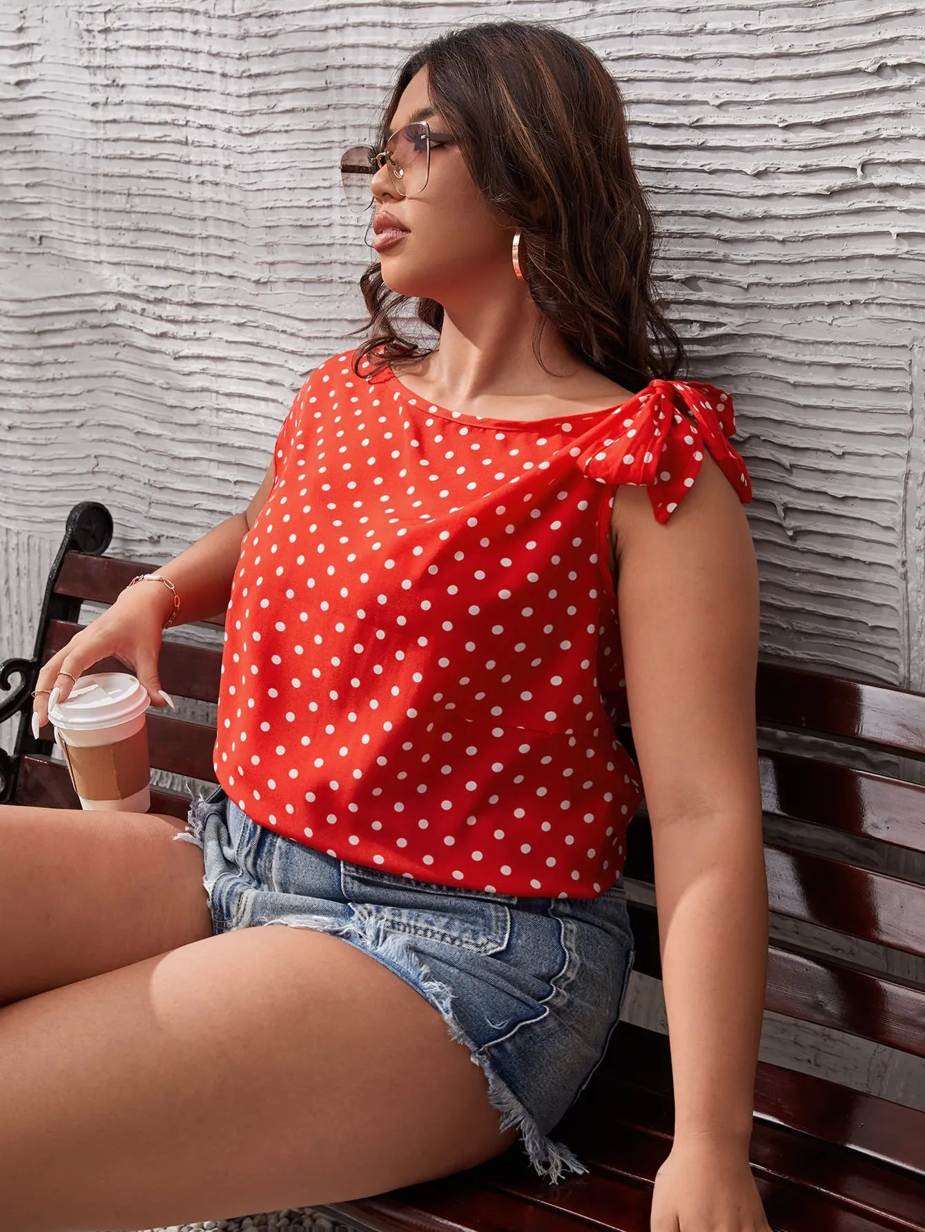 Polka Dot Knot Cap Sleeve Asymmetrical Neck Regular Plus Size Blouse