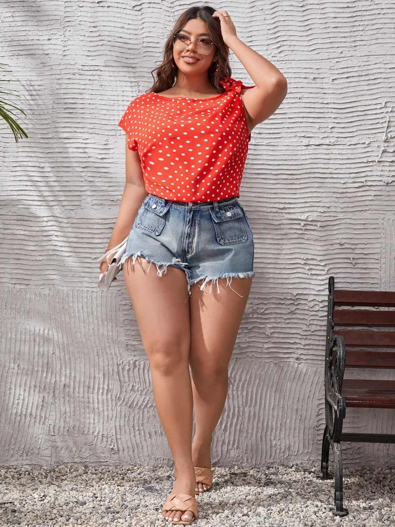 Polka Dot Knot Cap Sleeve Asymmetrical Neck Regular Plus Size Blouse