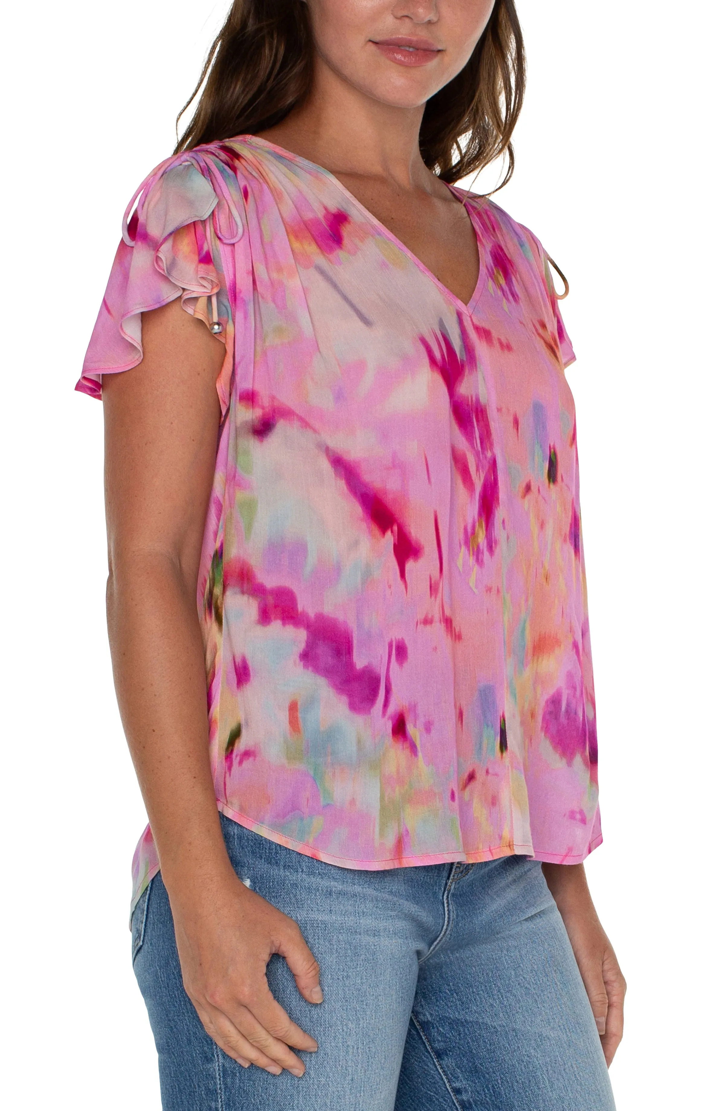 Shirred V Neck Dolman Top (fuchsia watercolor)