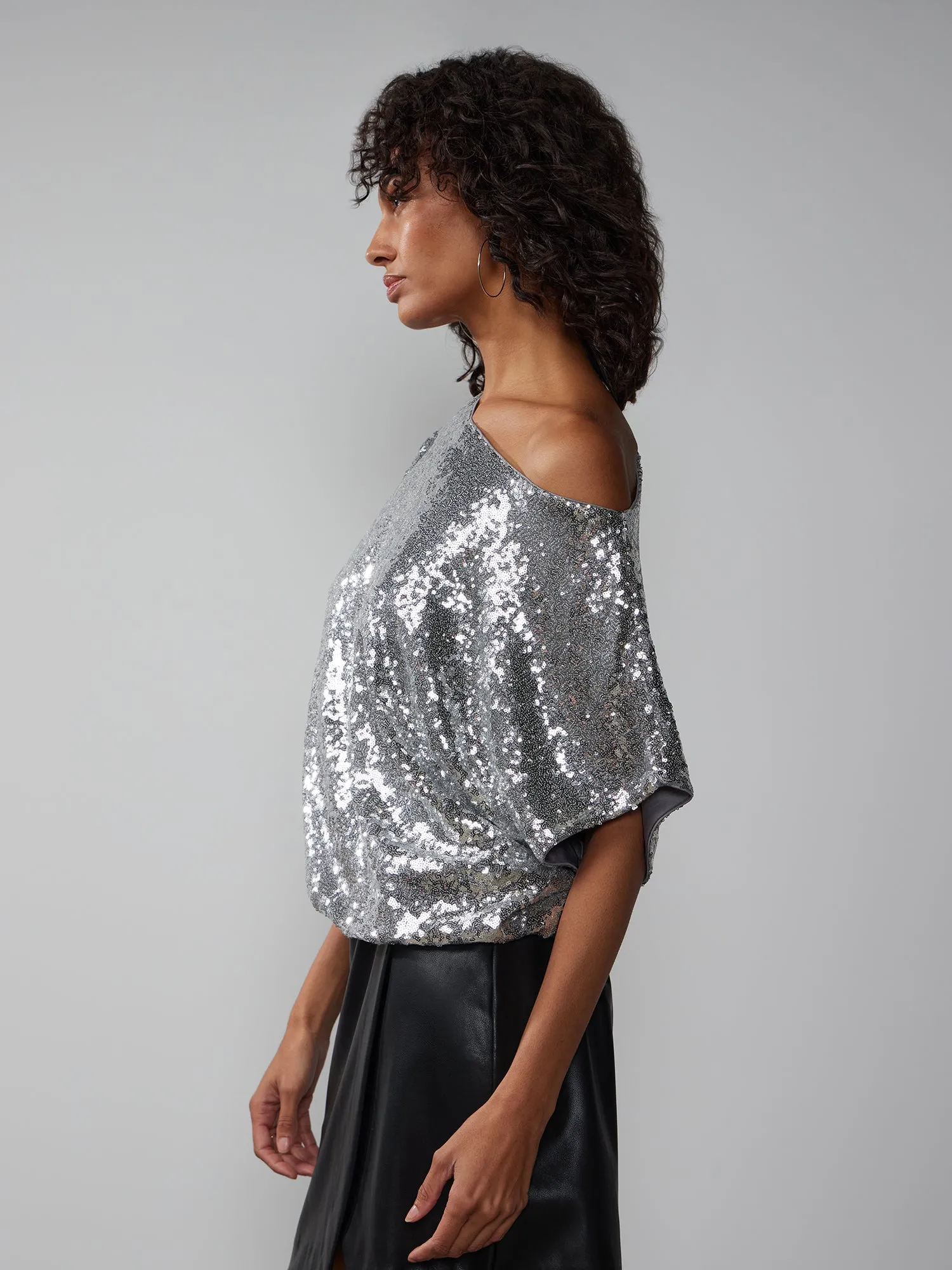 Short Sleeve One Shoulder Sequin Top