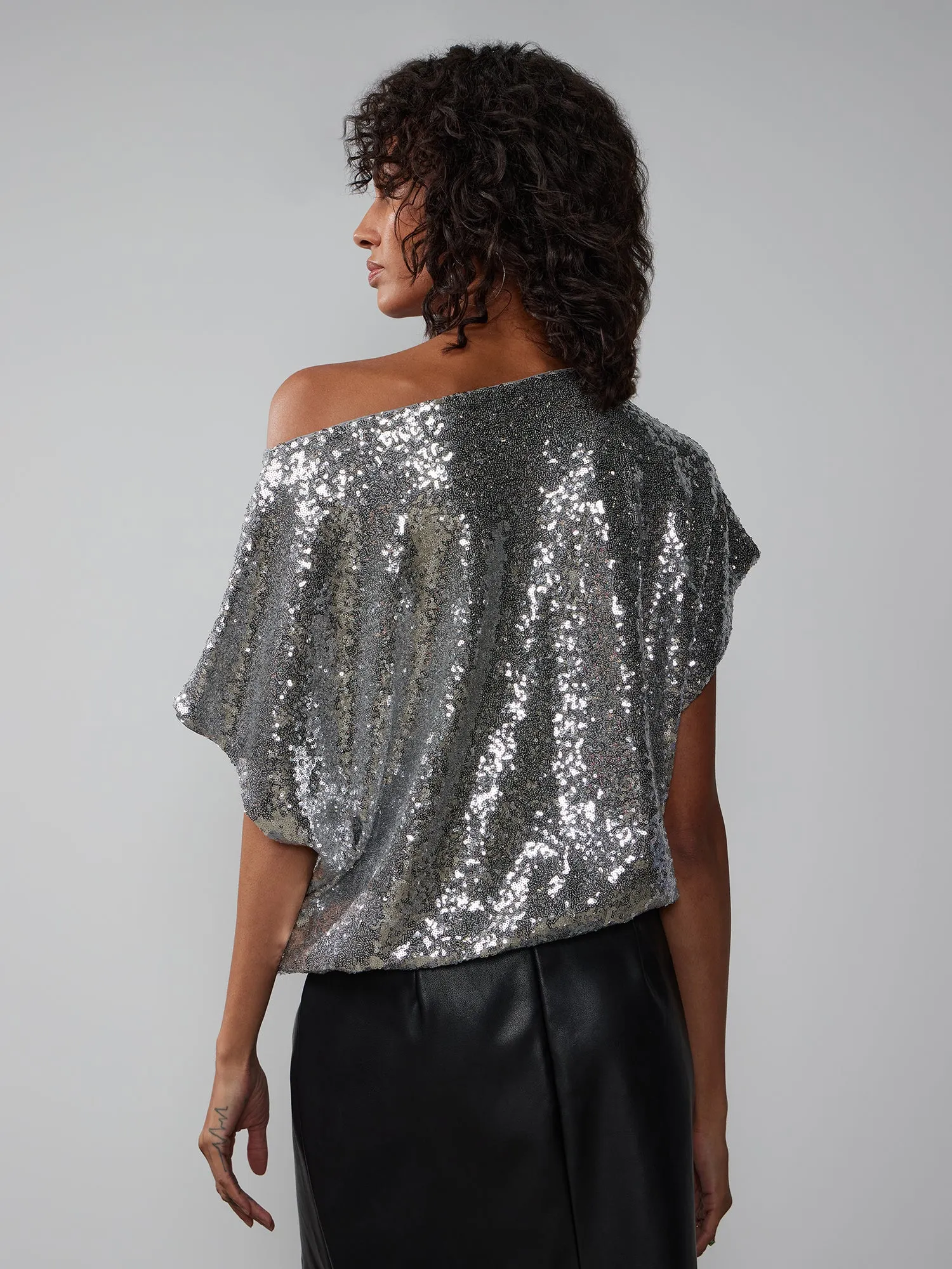 Short Sleeve One Shoulder Sequin Top