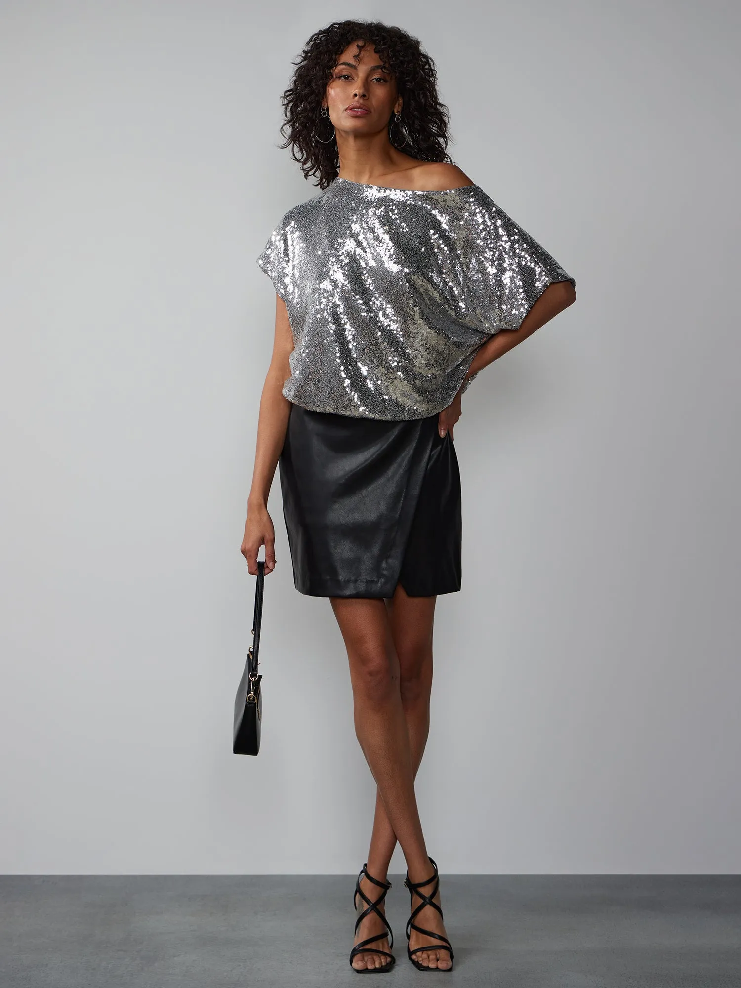 Short Sleeve One Shoulder Sequin Top