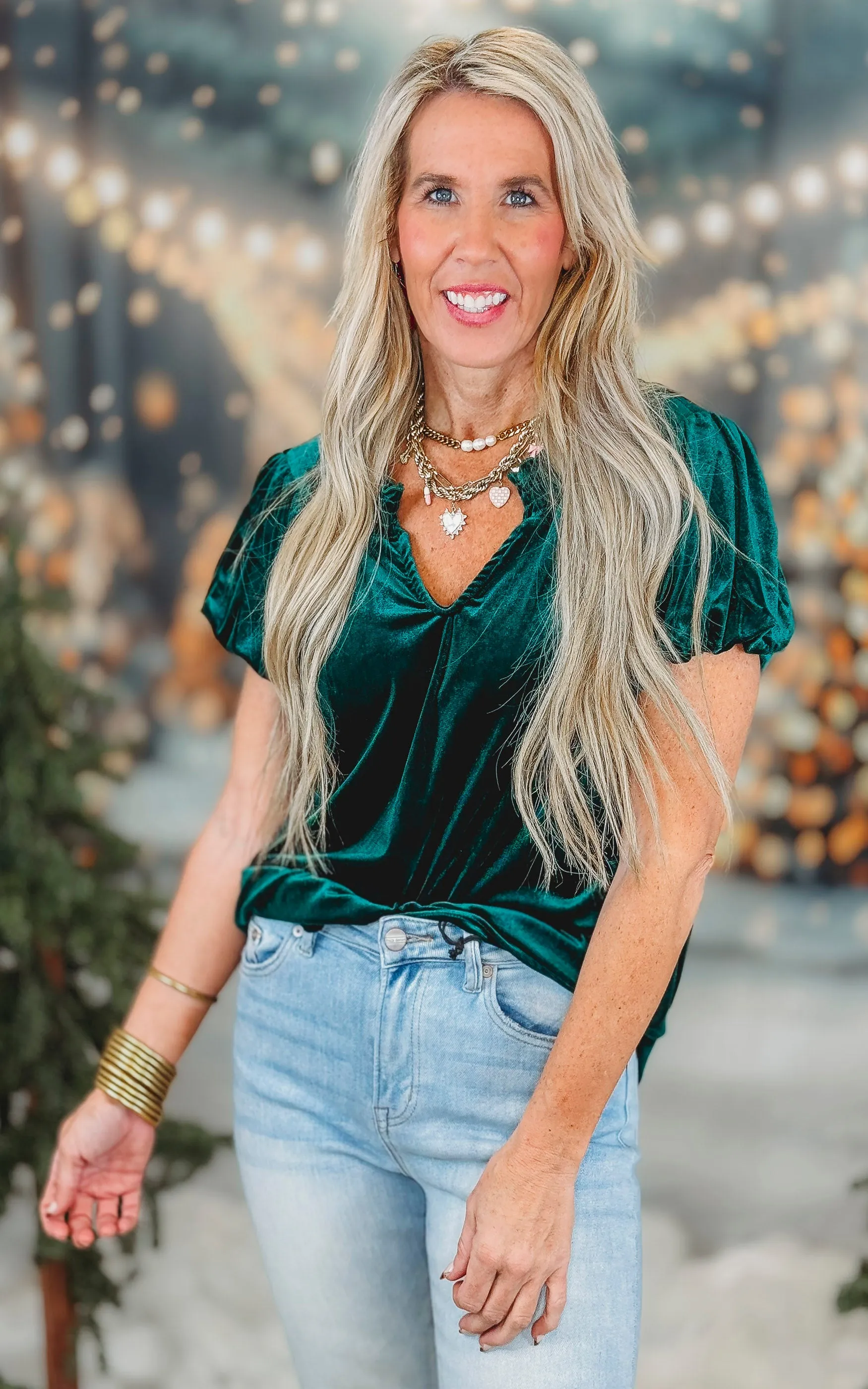 Velvet Smocked Split Neckline Puff Sleeve Top *DEAL - COUPON EXCLUDED*