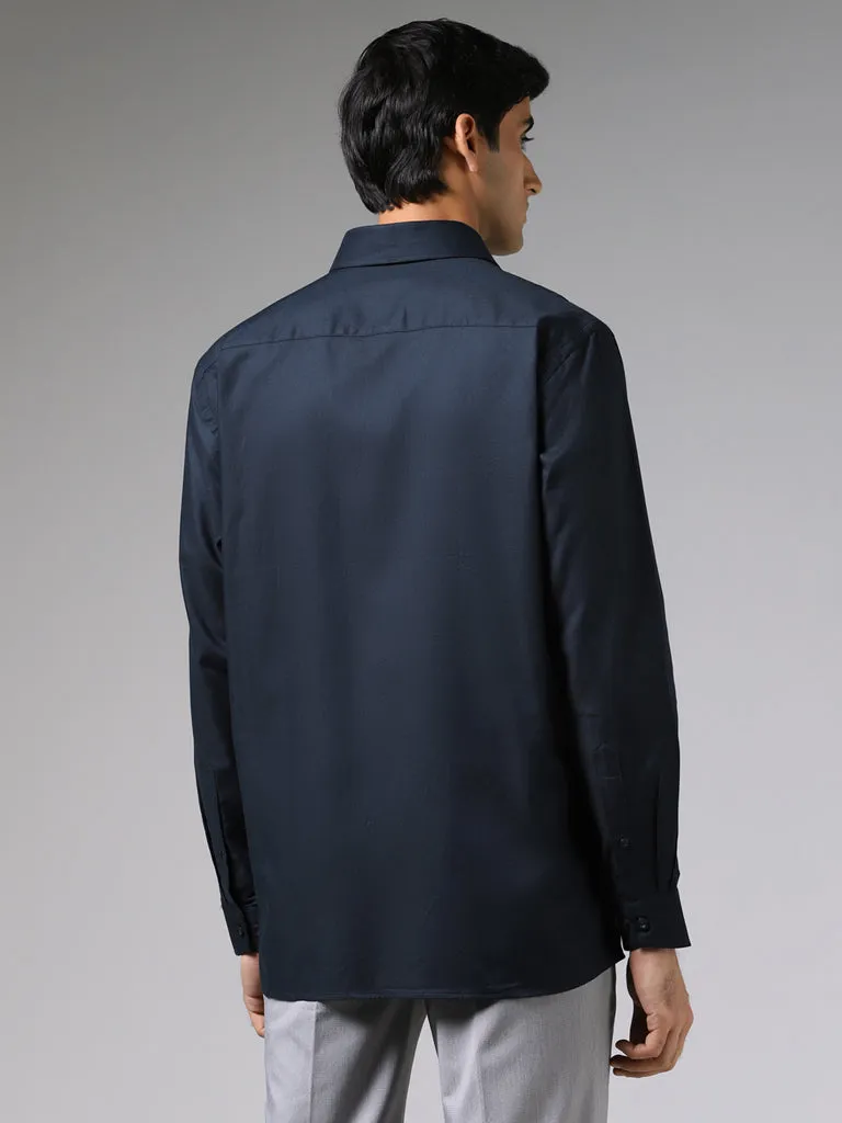 WES Formals Dobby Navy Cotton Relaxed-Fit Shirt