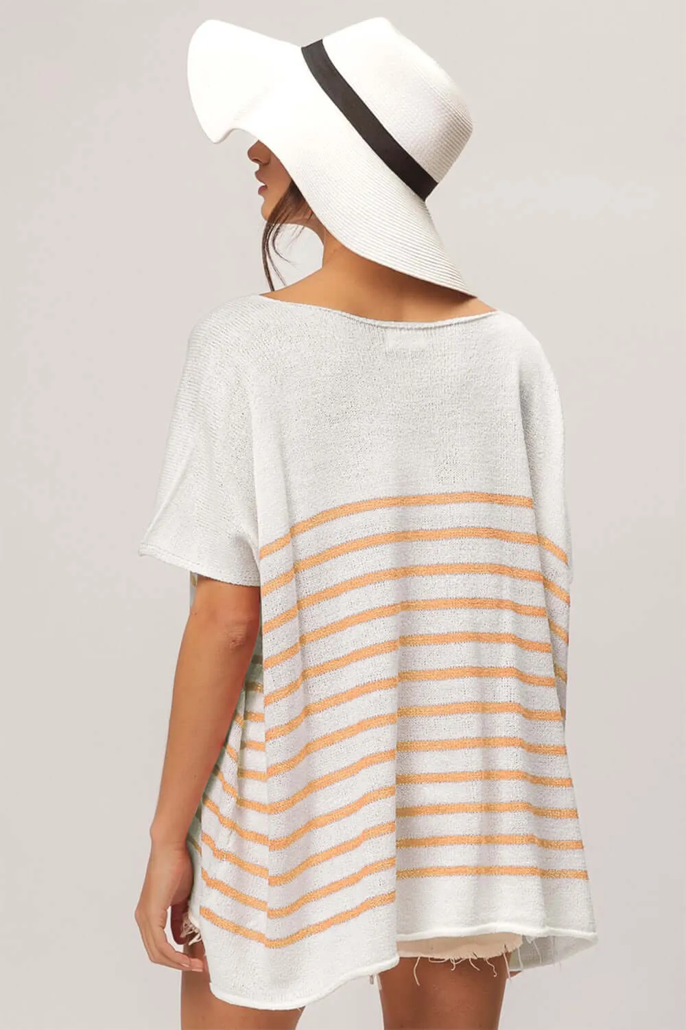 White Apricot Striped V Neck  Short Sleeve Top