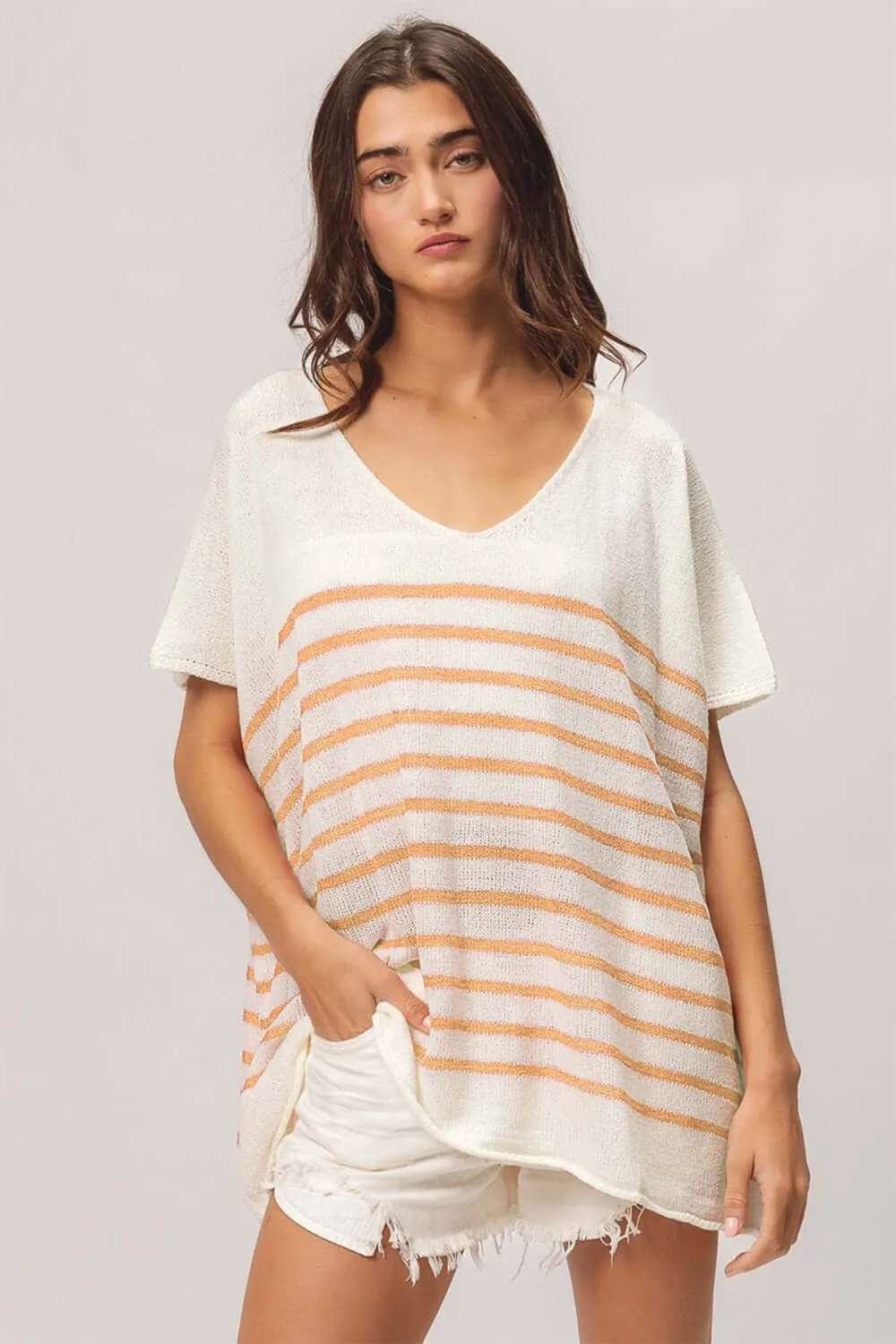 White Apricot Striped V Neck  Short Sleeve Top