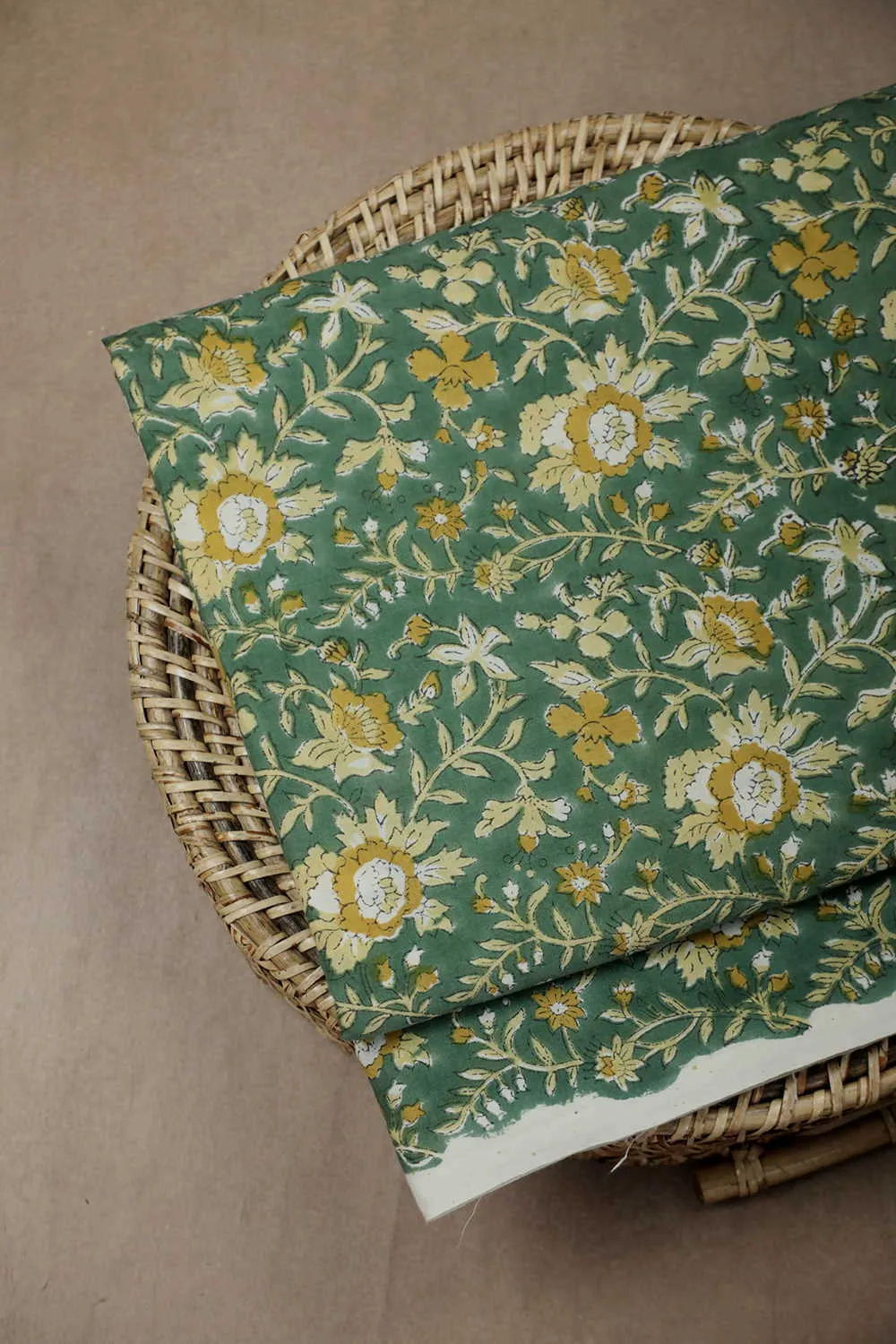 Yellow Floral on Green Sanganeri Cotton Fabric - 0.65m